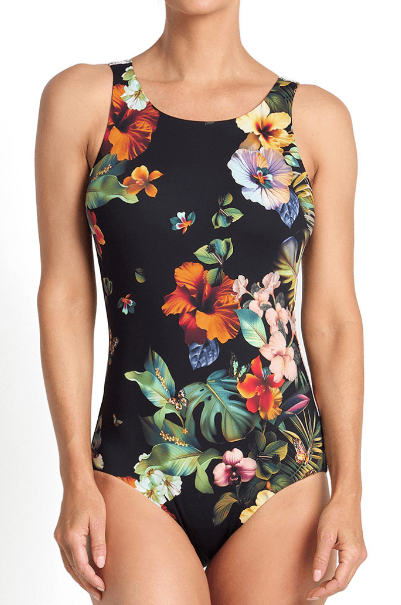 Jantzen Hibiscus High Neck Mastectomy One Piece Forest Black.