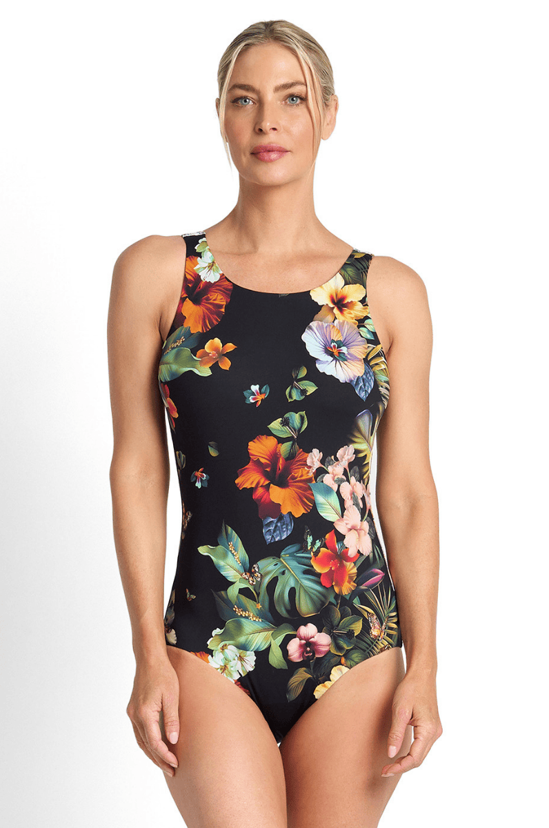Jantzen Hibiscus High Neck Mastectomy One Piece Forest Black.