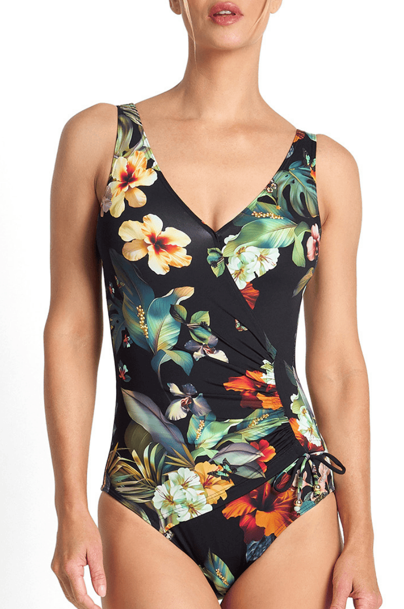 Jantzen Hibiscus Gathered Surplice One Piece Black.