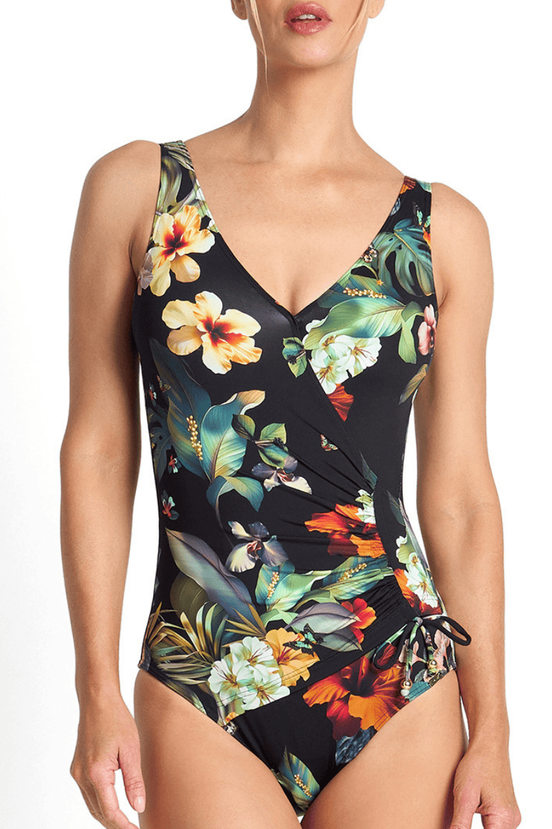 Jantzen Hibiscus Gathered Surplice One Piece Black.