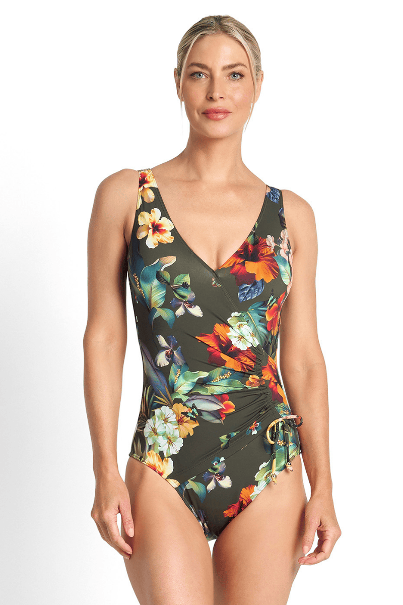Jantzen Hibiscus Gathered Surplice One Piece Forest.