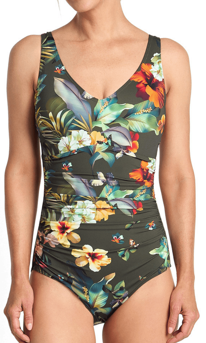 Jantzen Hibiscus F/G Multi Ruched One Piece Forest.