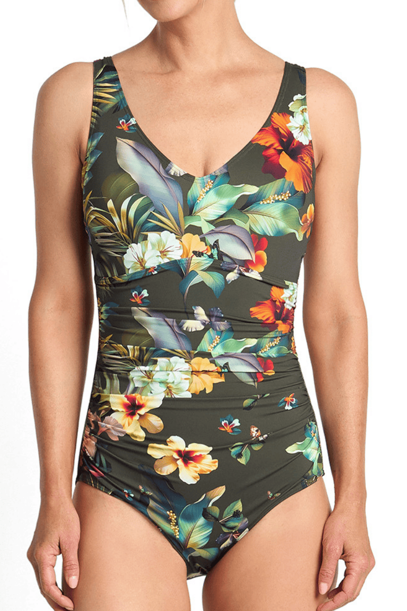 Jantzen Hibiscus F/G Multi Ruched One Piece Forest.
