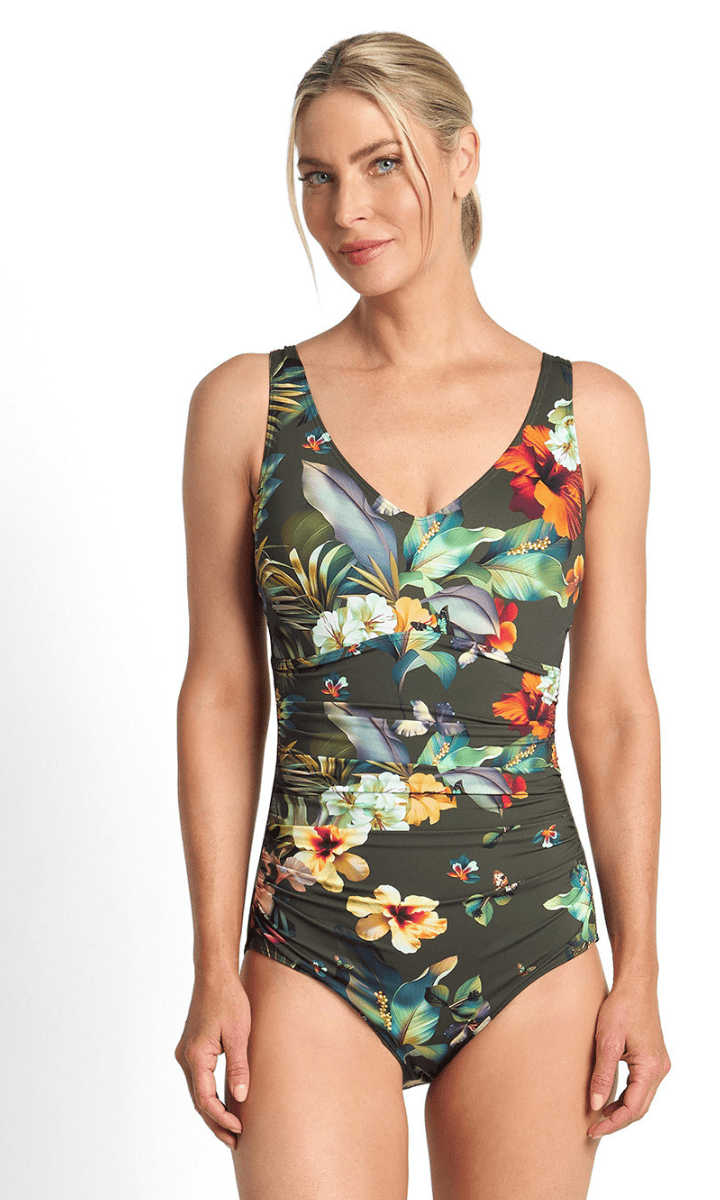 Jantzen Hibiscus F/G Multi Ruched One Piece Forest.