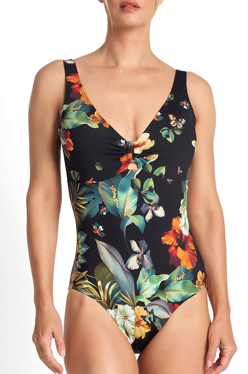 Jantzen Hibiscus Buckle One Piece Black.