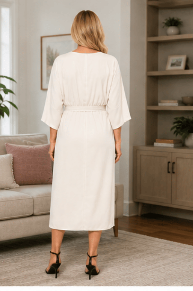 Back view of long midi to mid thigh Cream Silk Dress Loose