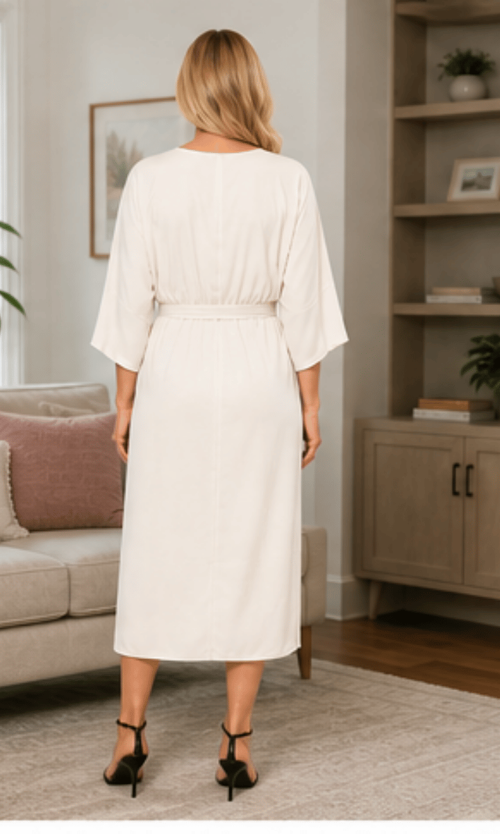 Back view of long midi to mid thigh Cream Silk Dress Loose