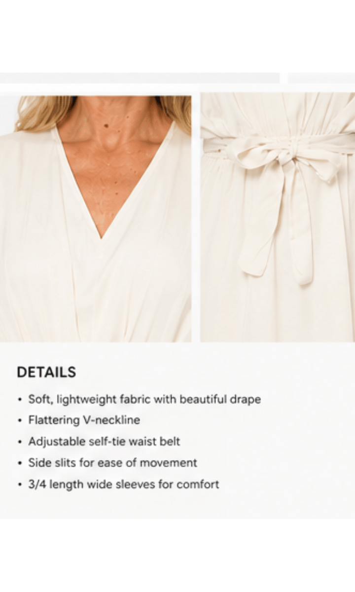 White dress with details on fabric, neckline, waist belt, side slits, and sleeves.