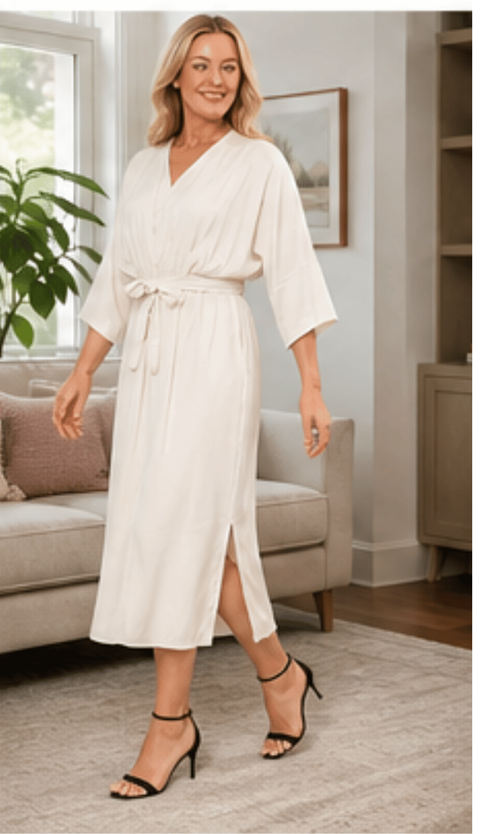 Front Long silk cream dress with mid thigh length and slight slitto knee feature