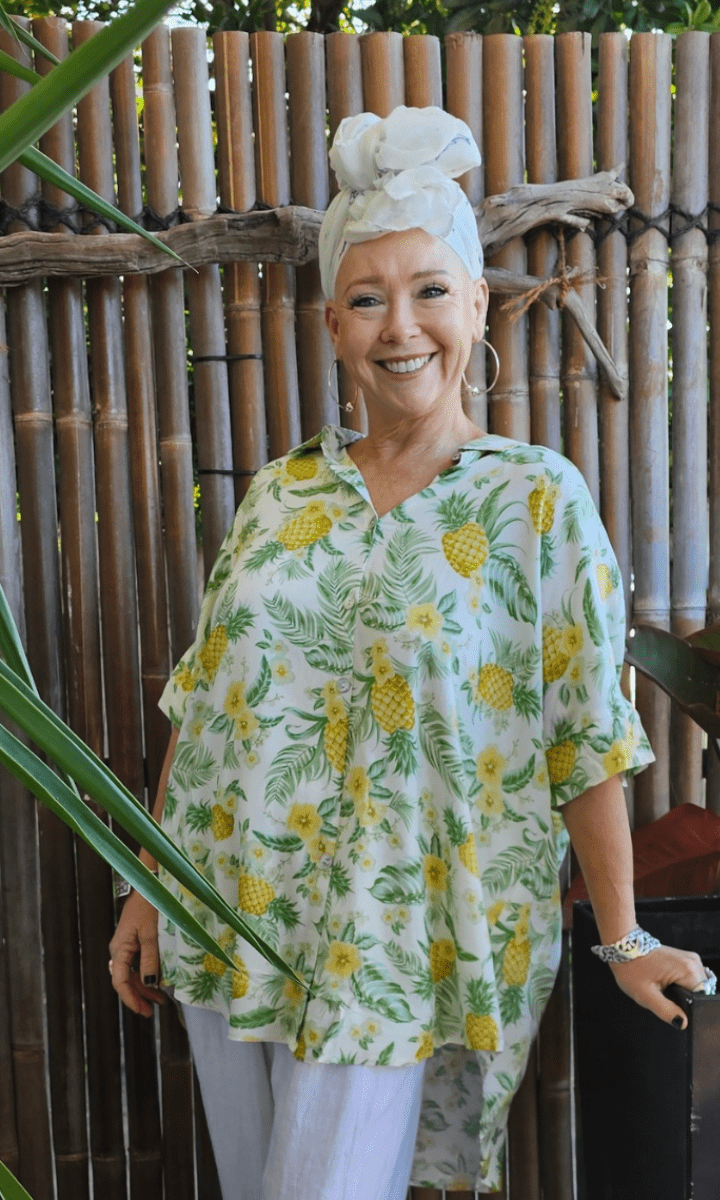 Iris Maxi Pina Colada Pineapple Hibiscus Short Summer Blouse.