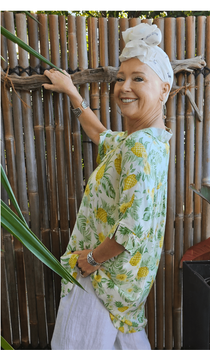 Iris Maxi Pina Colada Pineapple Hibiscus Short Summer Blouse.