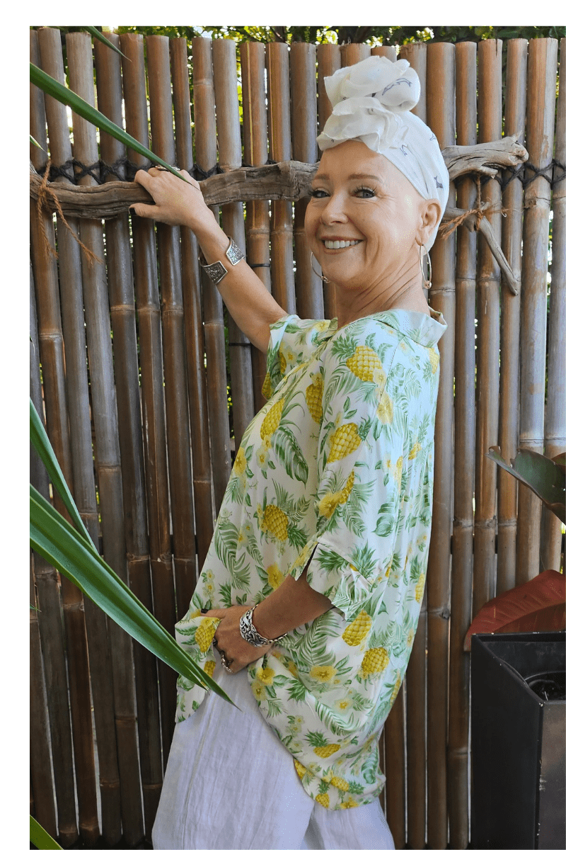 Iris Maxi Pina Colada Pineapple Hibiscus Short Summer Blouse.