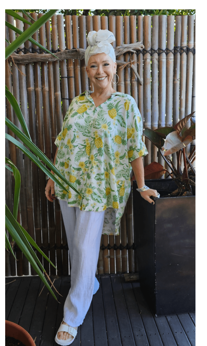 Iris Maxi Pina Colada Pineapple Hibiscus Short Summer Blouse.