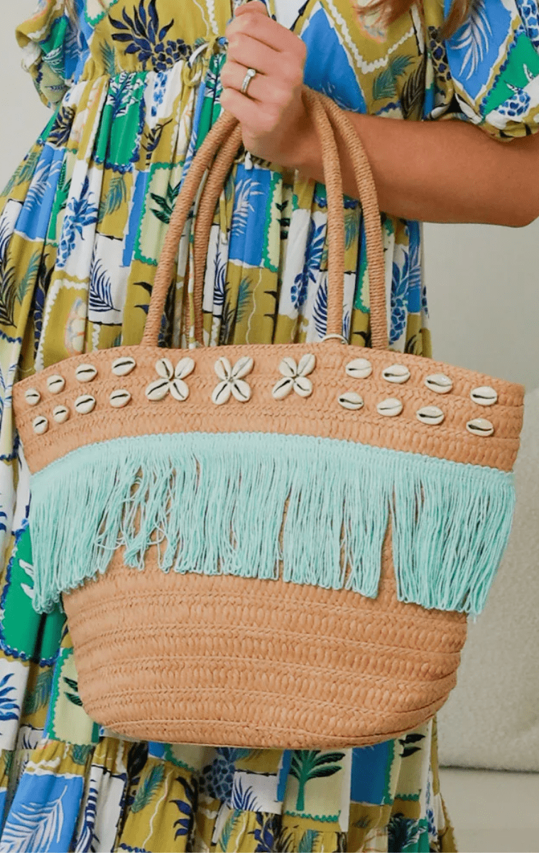 Isabella Boho Aqua Fringe Shell Straw Beach Bag.