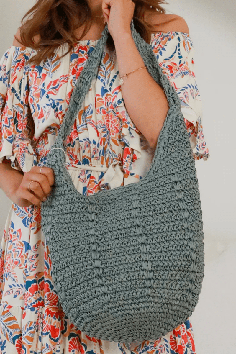 Isabella Boho Paisley Crochet Grey Raffia Bag.