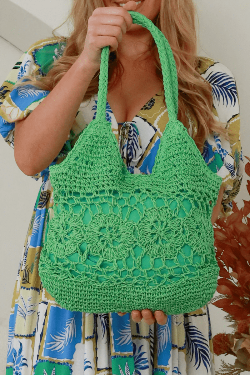 Isabella Boho Reef Straw Green Beach Bag.