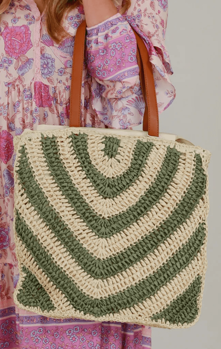 Isabella Green Stripe Woven Tote Bag.
