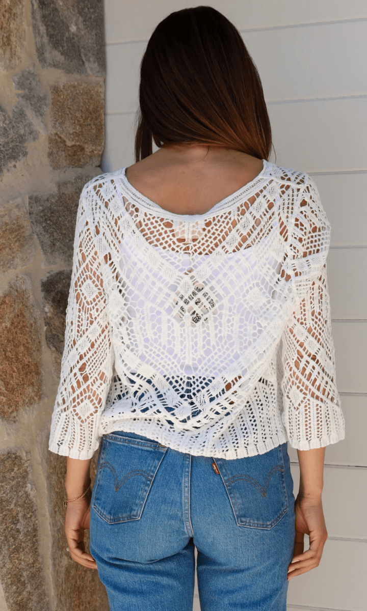 Isabella Boho Balamb Crochet Shirt Cover up - White.