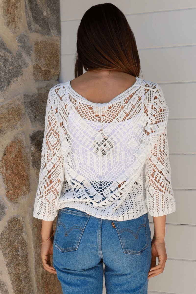 Isabella Boho Balamb Crochet Shirt Cover up - White.