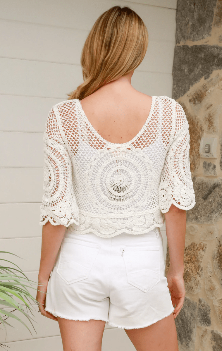 Isabella Boho Azure Crochet Shirt Cover up - White.