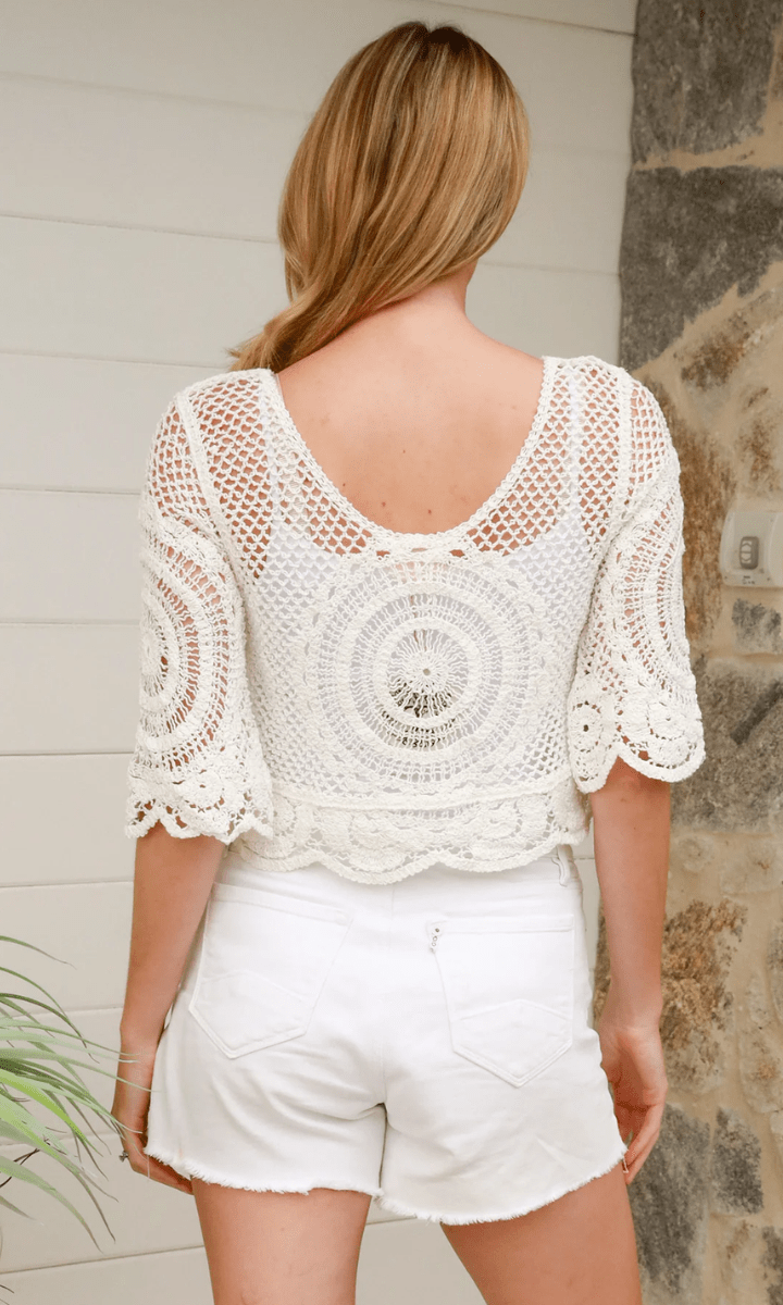 Isabella Boho Azure Crochet Shirt Cover up - White.