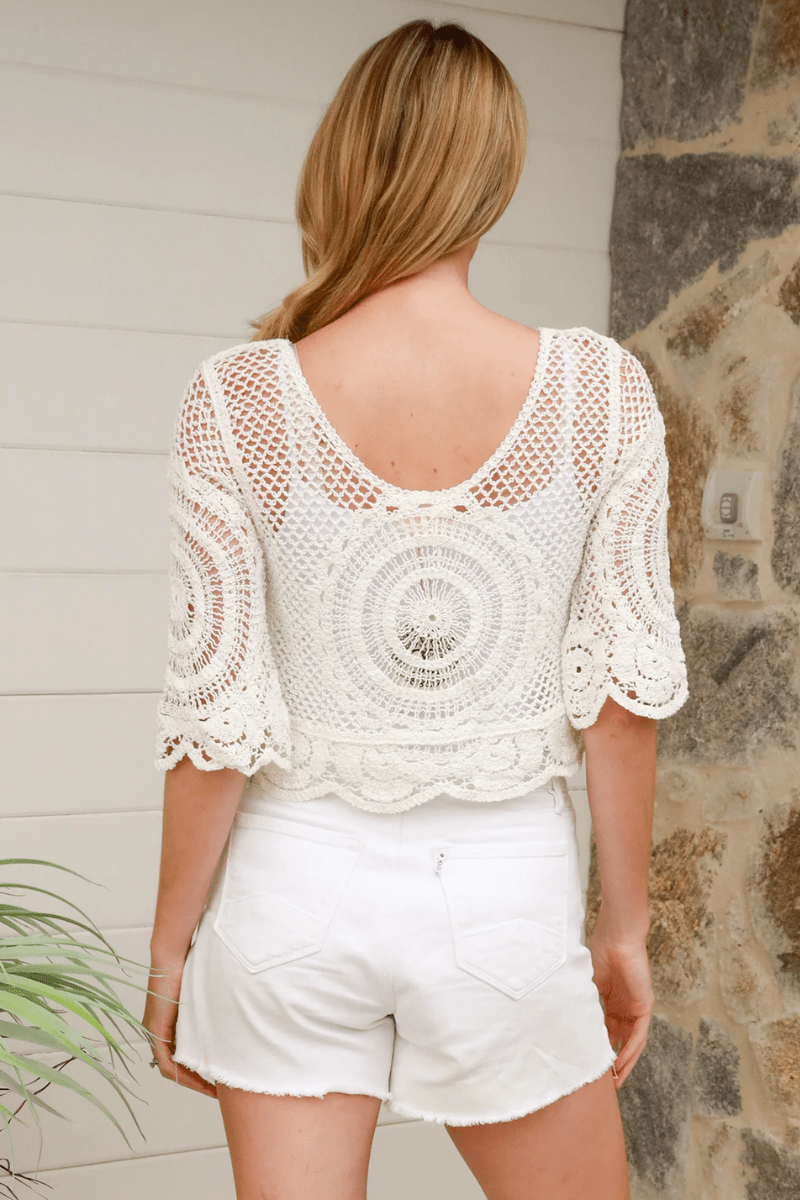 Isabella Boho Azure Crochet Shirt Cover up - White.
