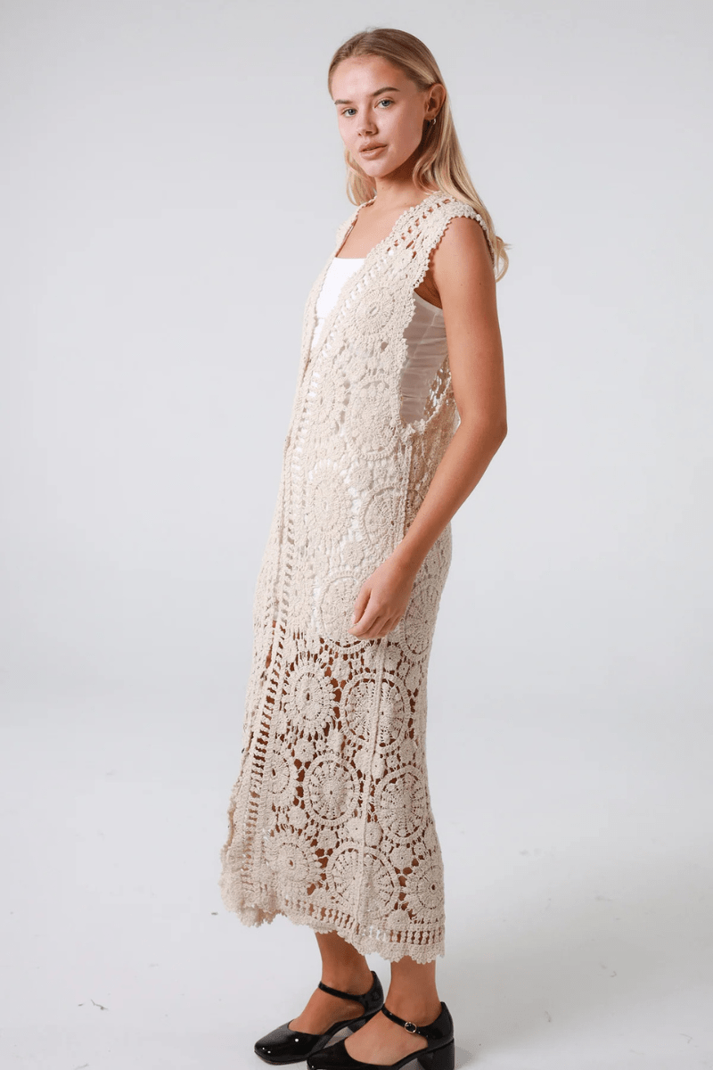 Isabella Boho Crochet Midi Beach Coat Cover Up.