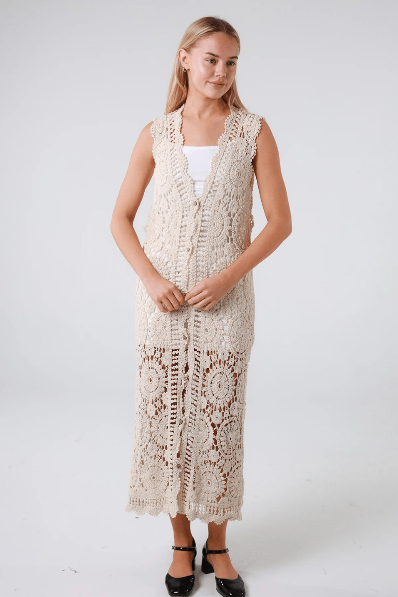 Isabella Boho Crochet Midi Beach Coat Cover Up.