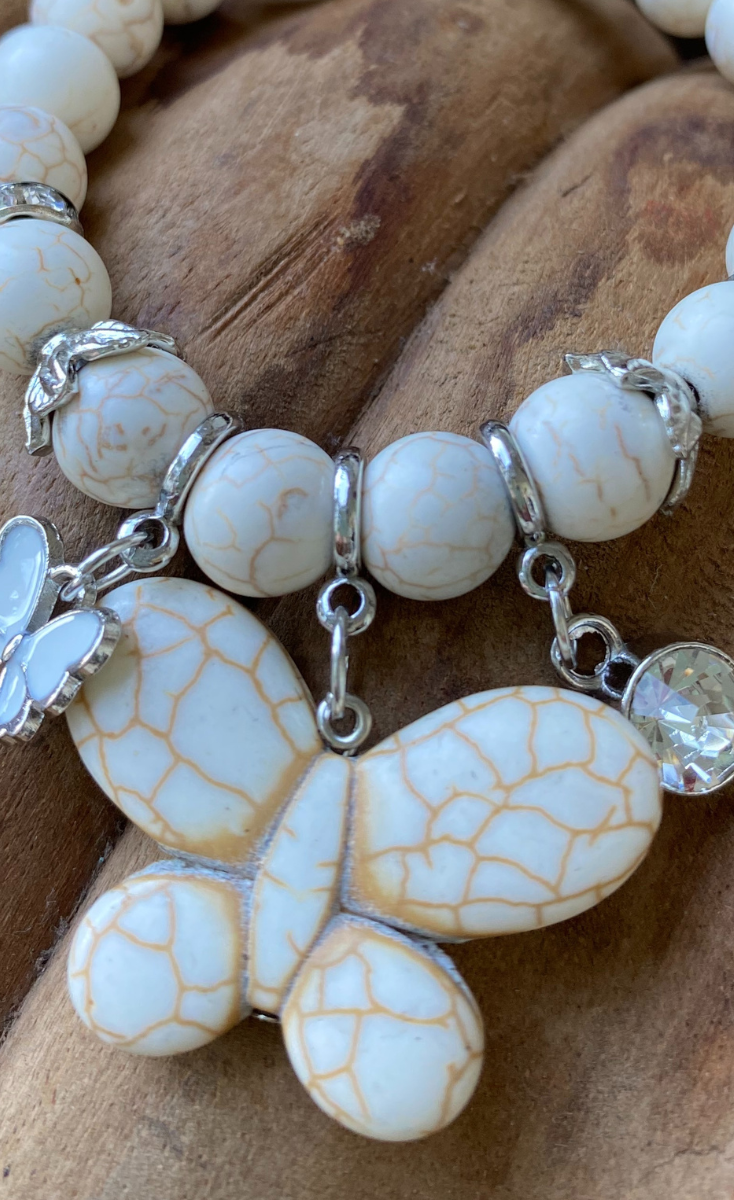 Marble Butterfly Silver Plated Beaded Bracelet.