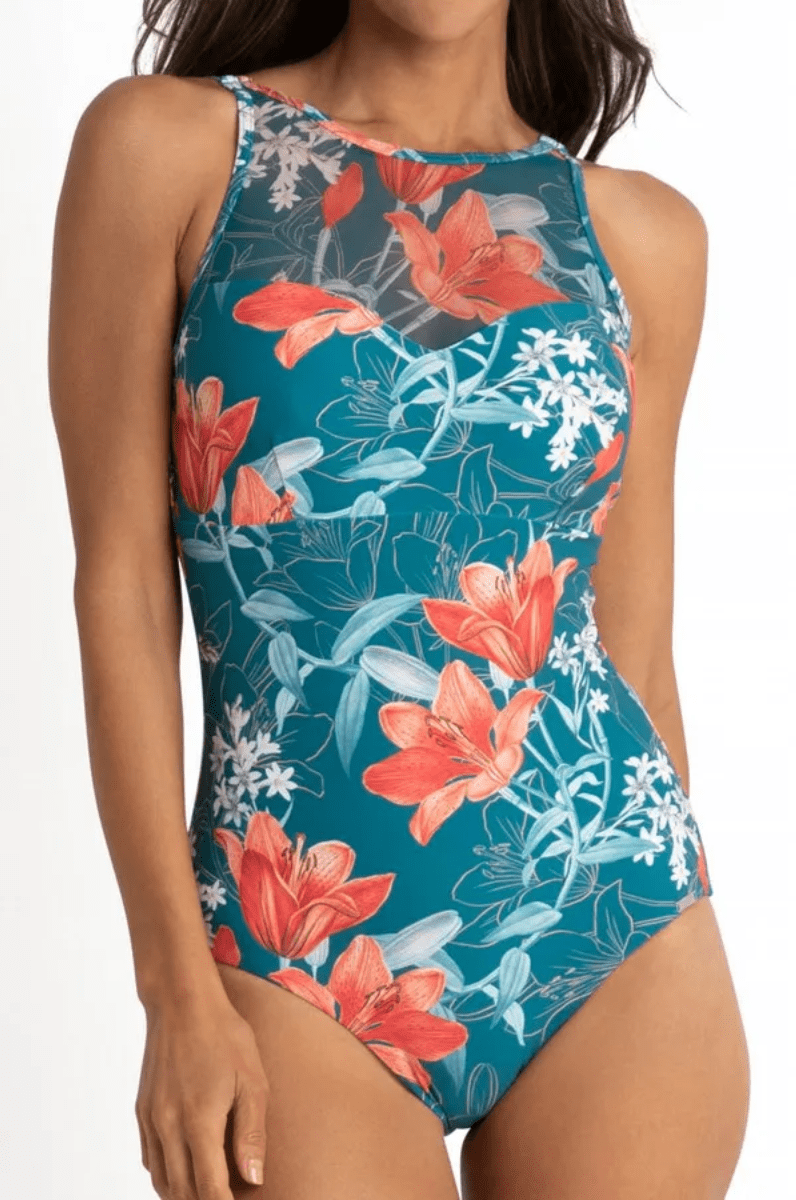 Jantzen Lily Garden Mesh High Neck Mastectomy One Piece Jewel.