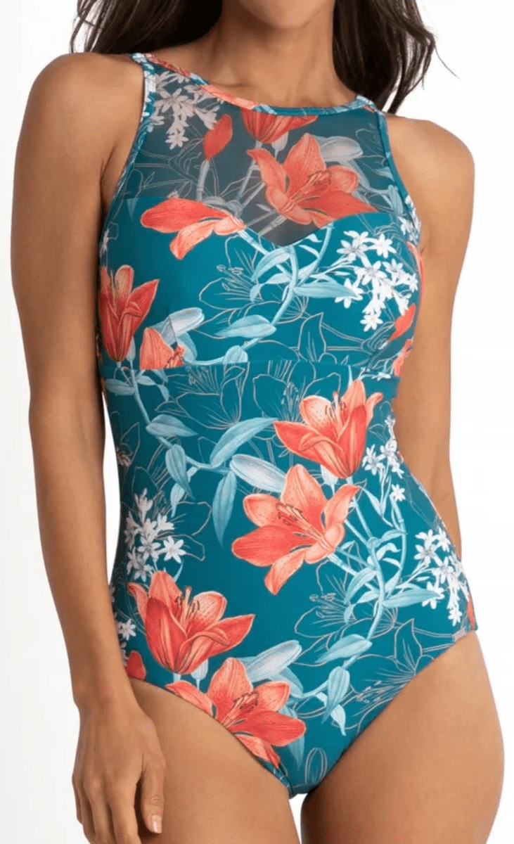Jantzen Lily Garden Mesh High Neck Mastectomy One Piece Jewel.