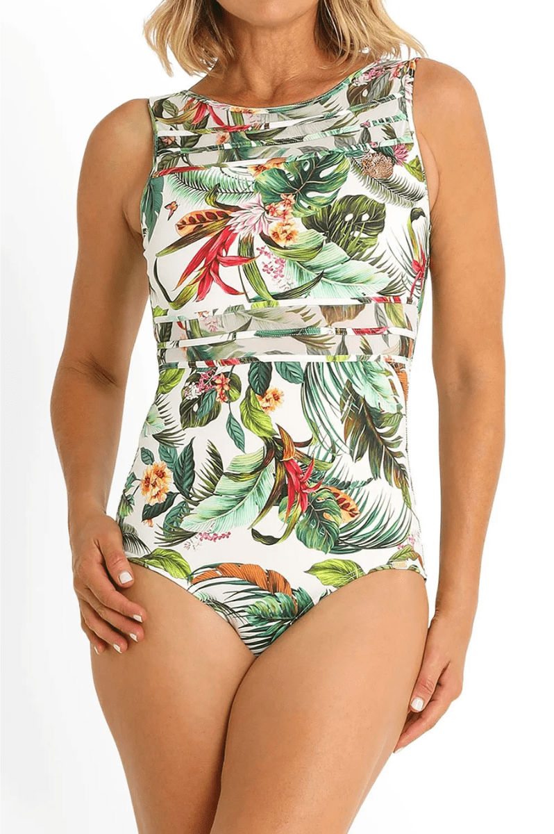 Jantzen Meka Mesh High Neck Mastectomy One Piece - White.