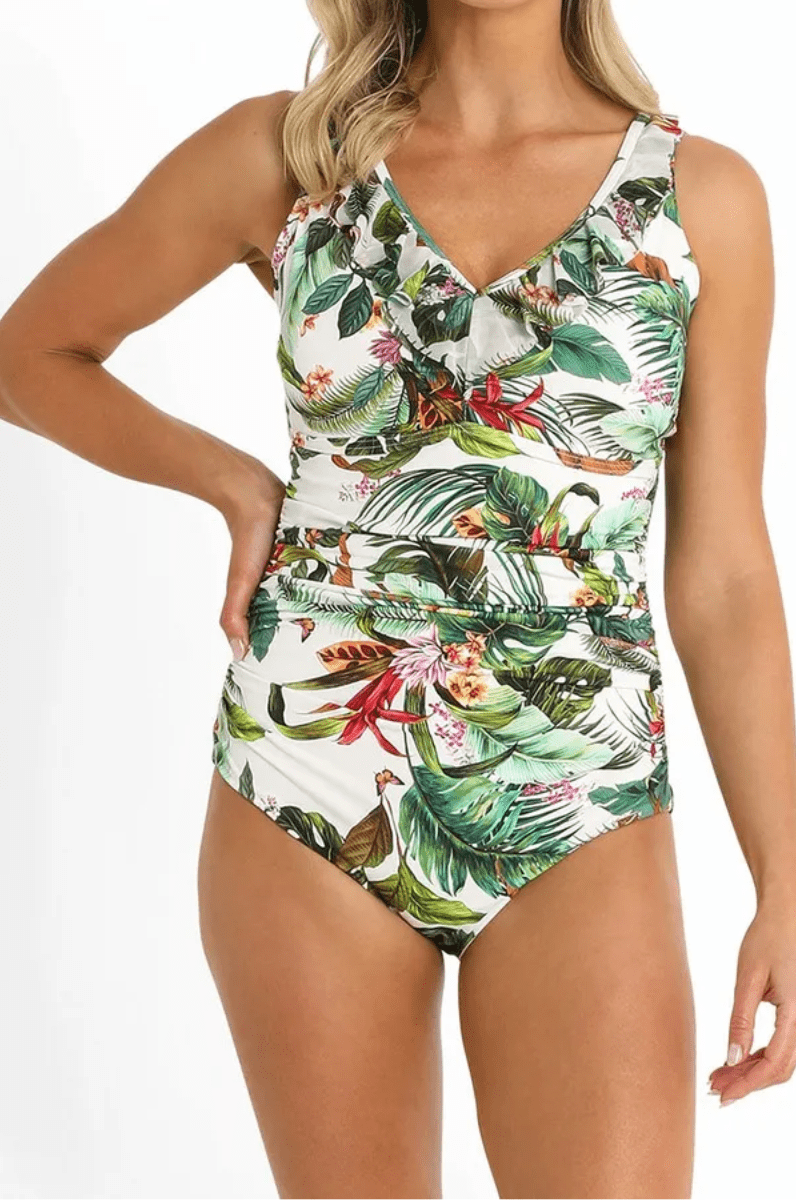 Jantzen Meka DDE Ruched Mesh Frill One Piece White.