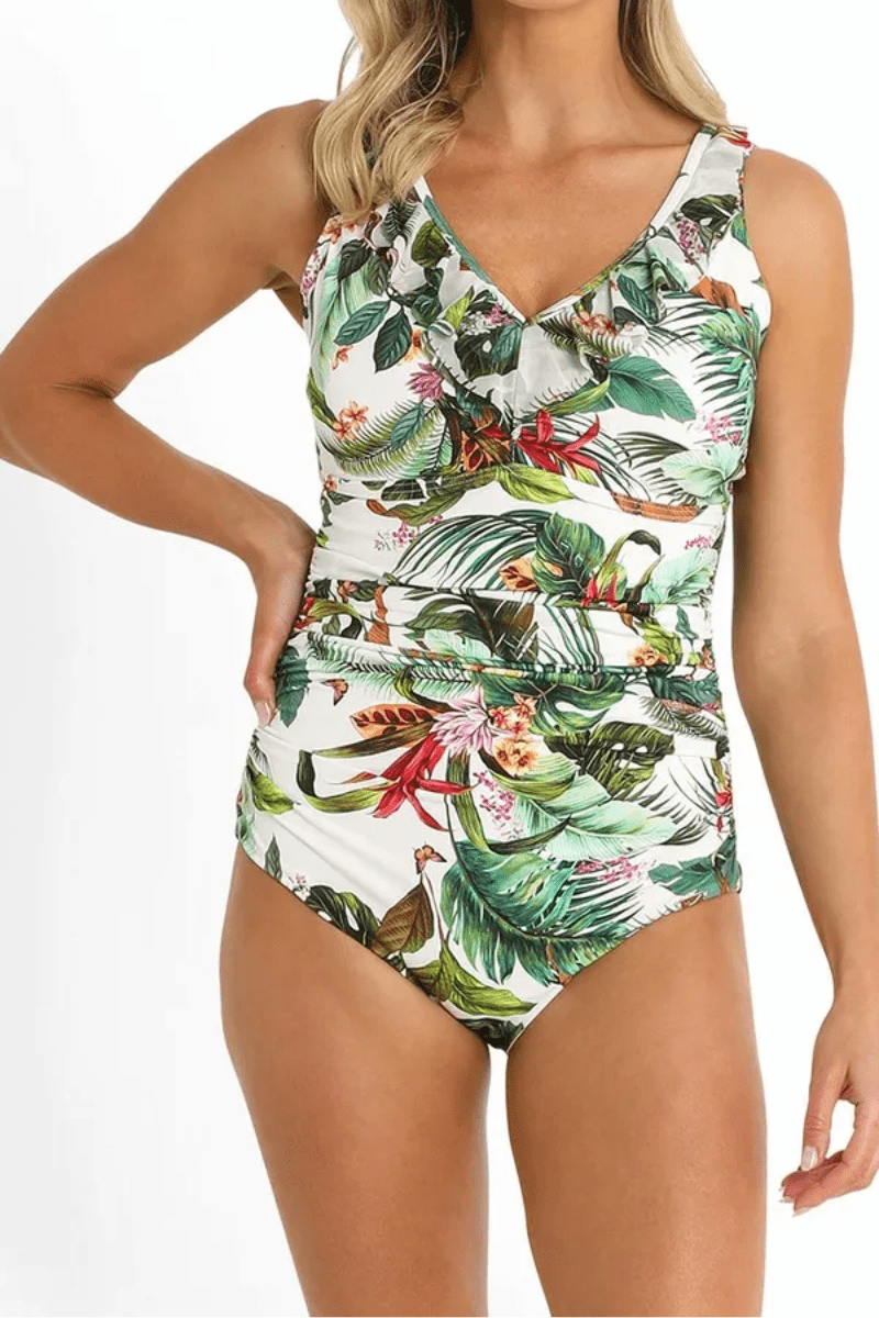 Jantzen Meka DDE Ruched Mesh Frill One Piece White.