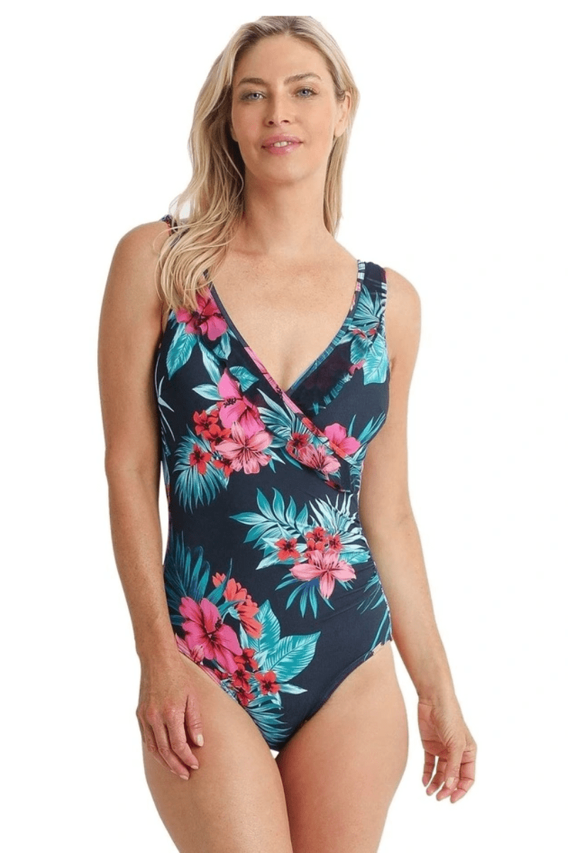Jantzen East Eden Mesh Frill Cross Front One Piece Ink.