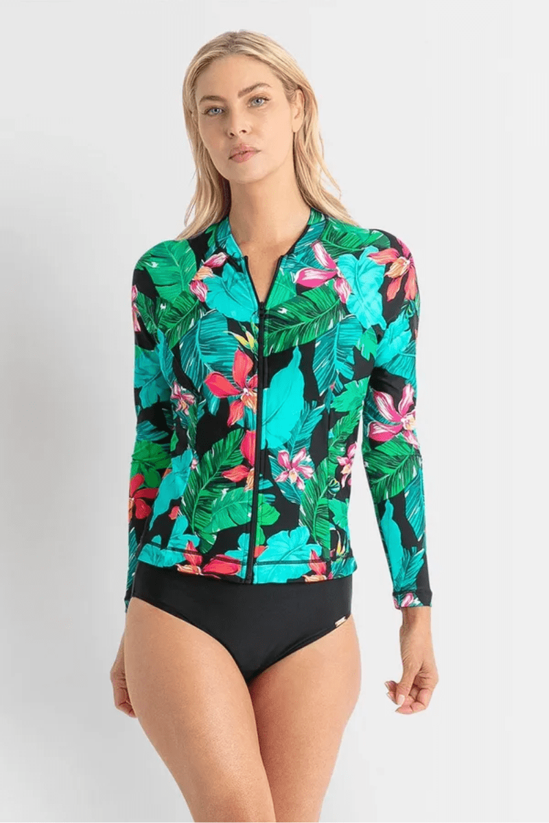 Jantzen Select Zip Rashie Long Sleeve Black Aqua Black.