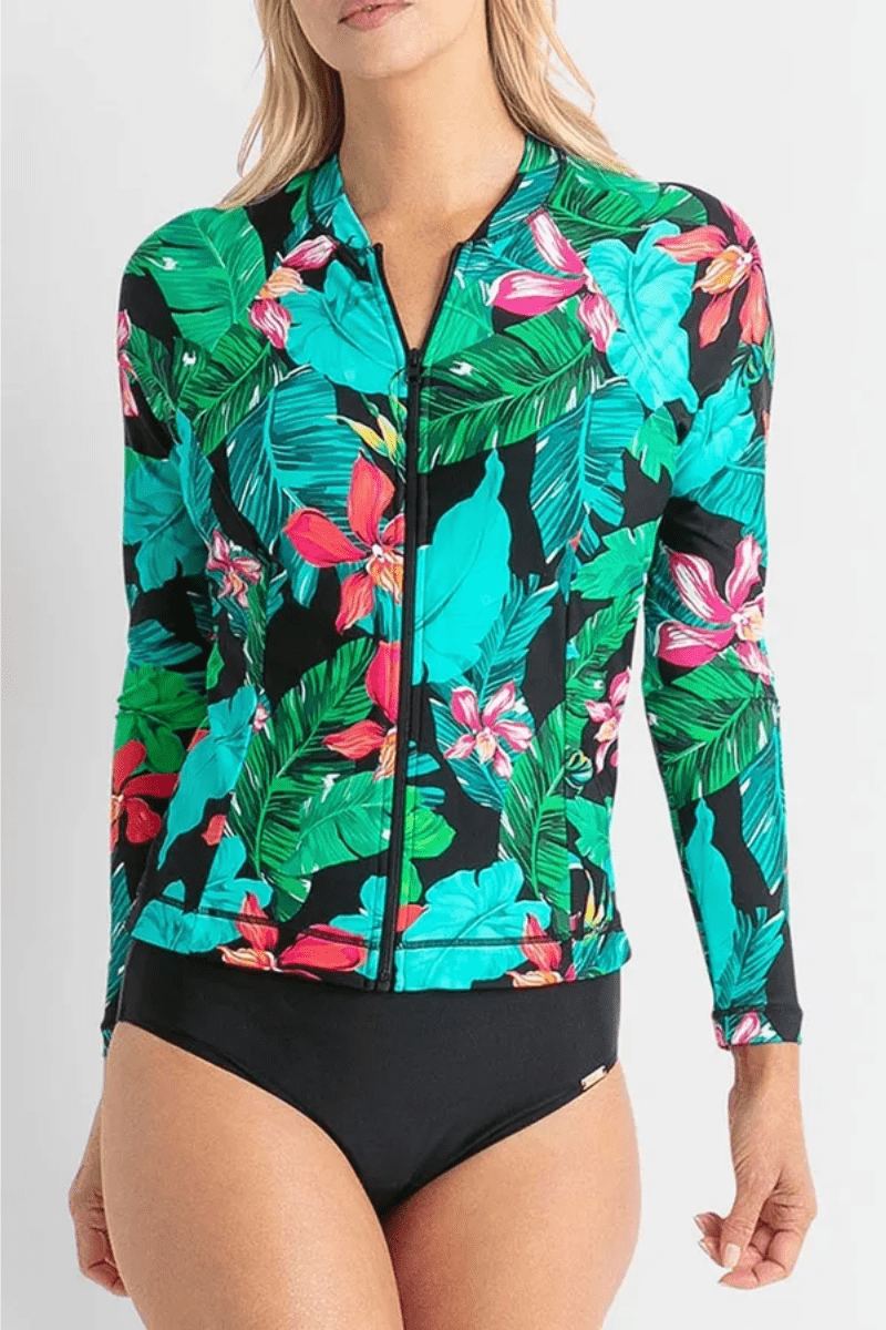 Jantzen Select Zip Rashie Long Sleeve Black Aqua Black.