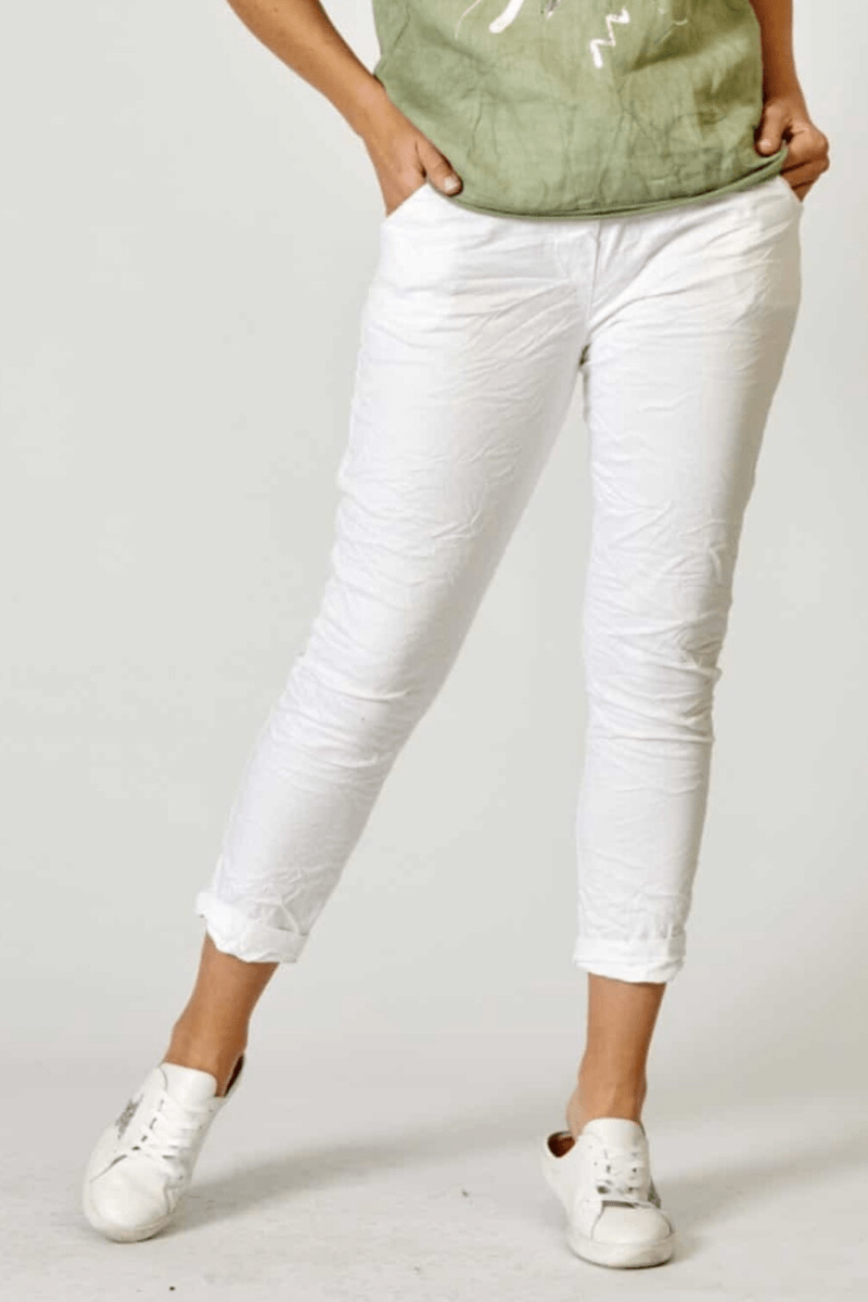 La Strada Shimmer Crinkle Roll Up Pants White.