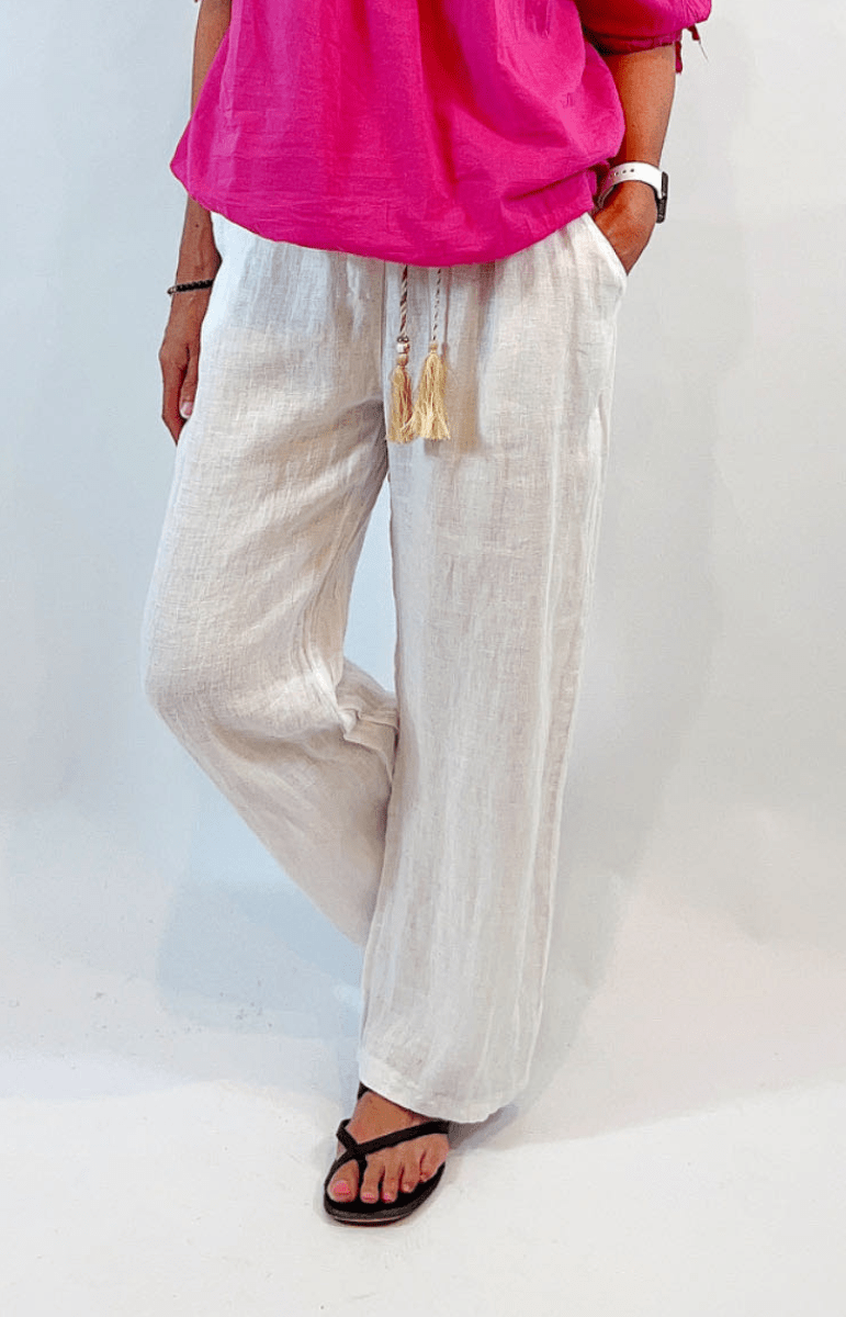 La Strada Italian Linen Wide Leg White Pants.