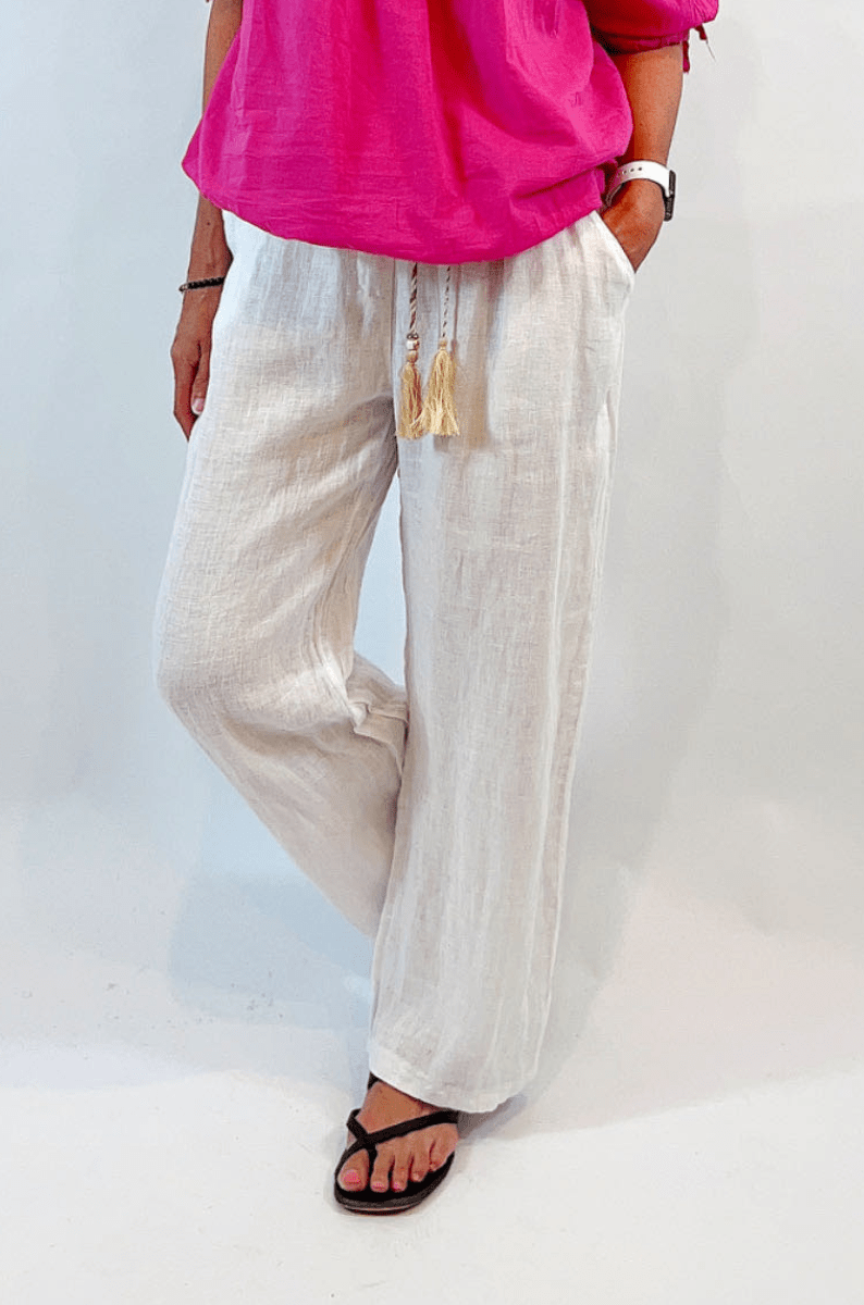 La Strada Italian Linen Wide Leg White Pants.
