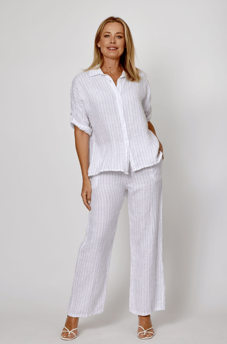 La Strada Linen White Pin Stripe Navy Wide Leg Pant.
