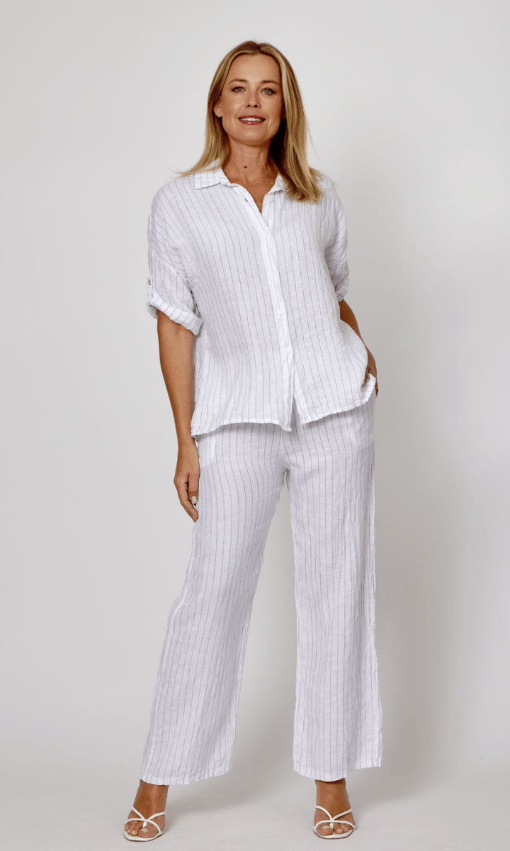 La Strada Linen White Pin Stripe Navy Wide Leg Pant.