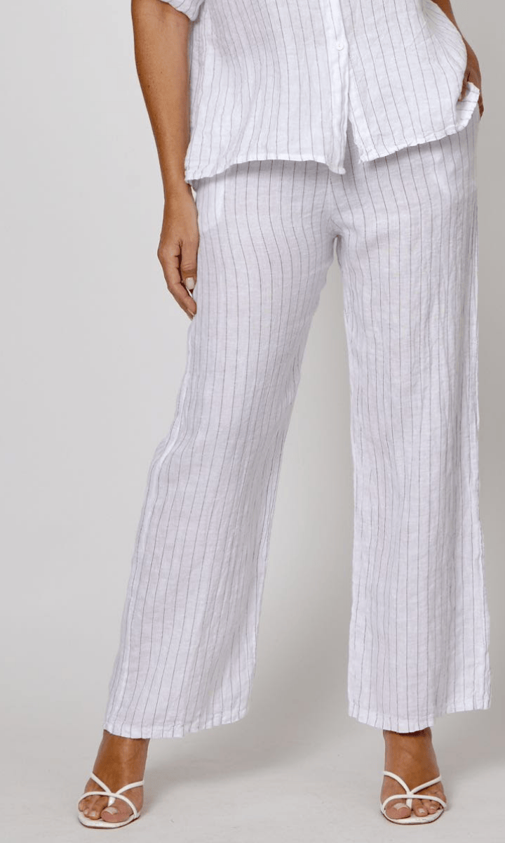La Strada Linen White Pin Stripe Navy Wide Leg Pant.