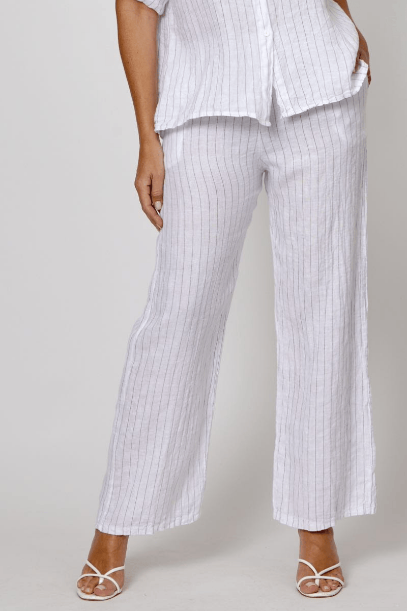 La Strada Linen White Pin Stripe Navy Wide Leg Pant.