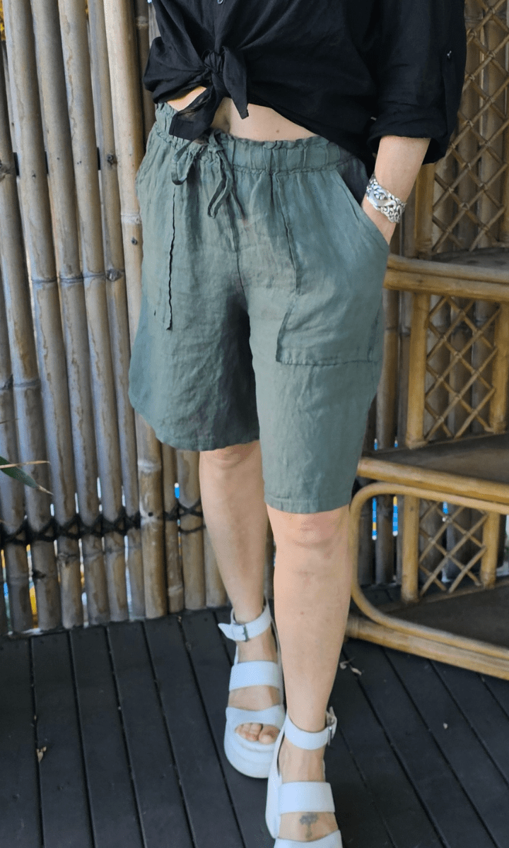 La Strada Italian Linen Long Short Black Khaki & Beige.