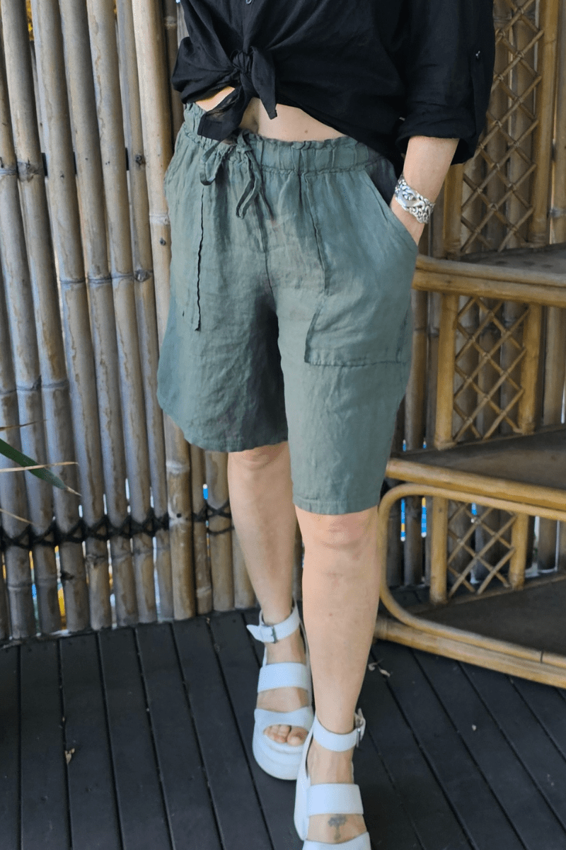 La Strada Italian Linen Long Short Black Khaki & Beige.