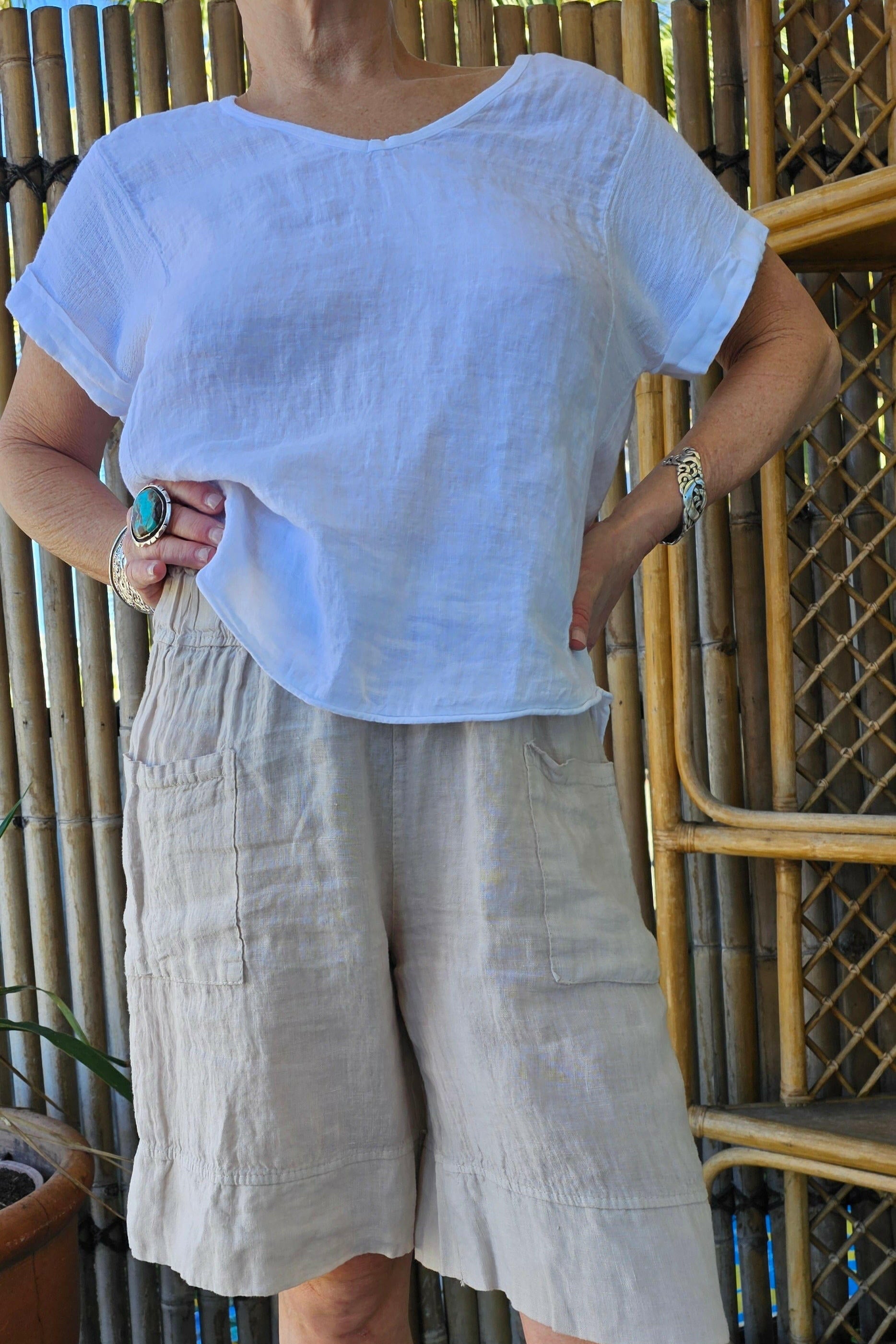 La Strada Italian Linen Long Short White & Beige.