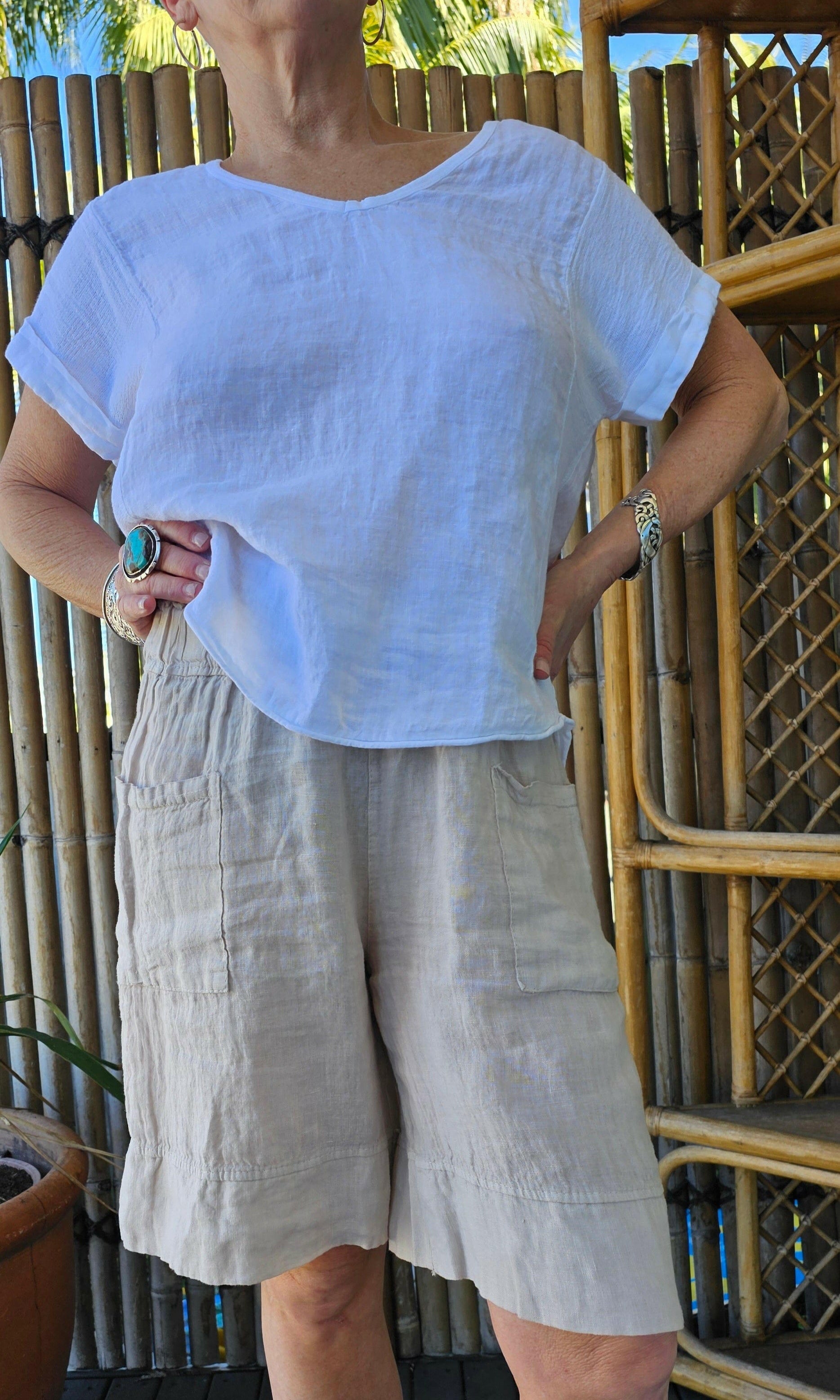 La Strada Italian Linen Long Short White & Beige.