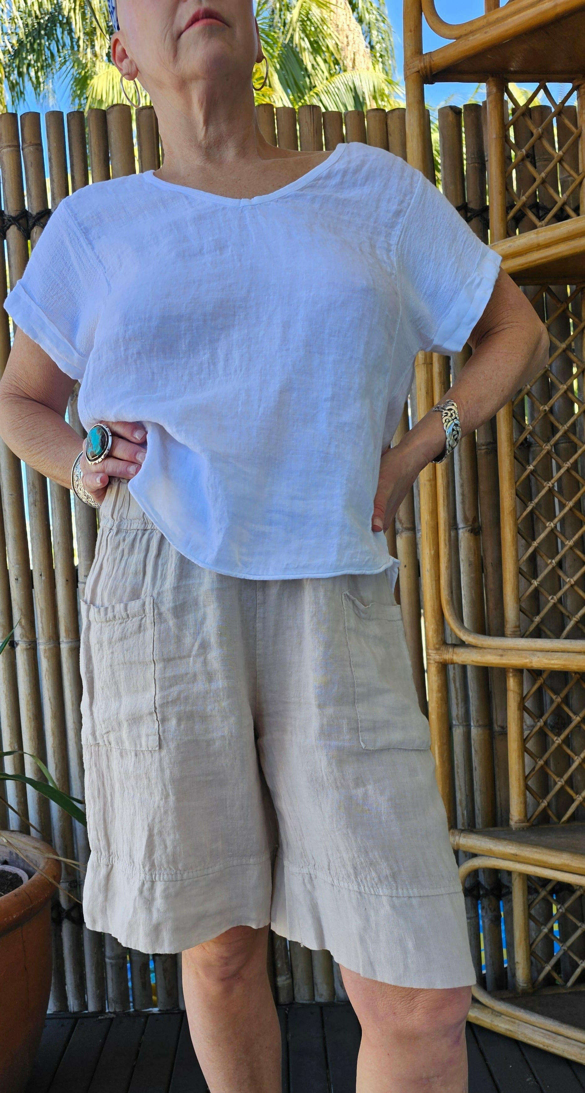 La Strada Italian Linen Long Short White & Beige.