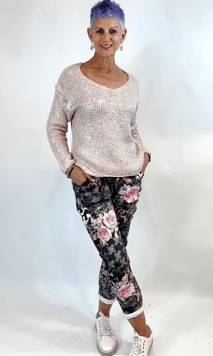 La Strada Jogger Stretch Pink Animal Pant.